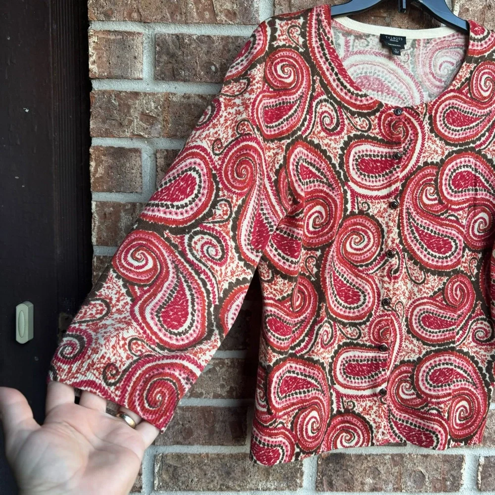 Talbots Pure Merino Wool Cardigan 3/4 Sleeve Burnt Orange Paisley